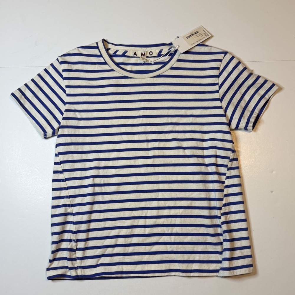 AMO Twist Striped Cotton Jersey Tee Womens XS Blue White Short Sleeve NWT